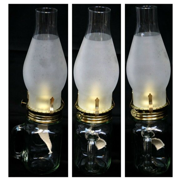 Golden Harvest Drinkin Canning Style Jar Hurricane Lamp Oil Frosted Handle Glass - Picture 4 of 12